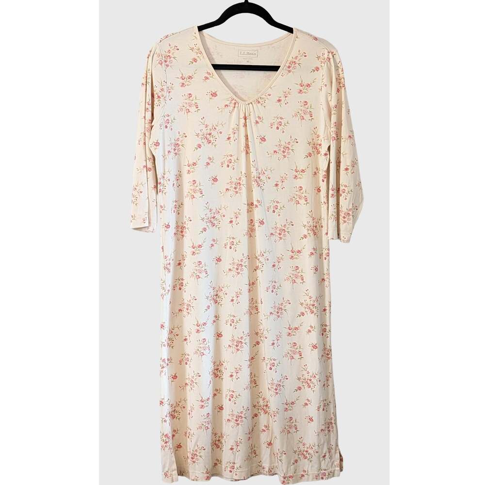 L.L.Bean Floral Nightgown Women's M Cream Pink Roses 3/4 Sleeve Midi Soft